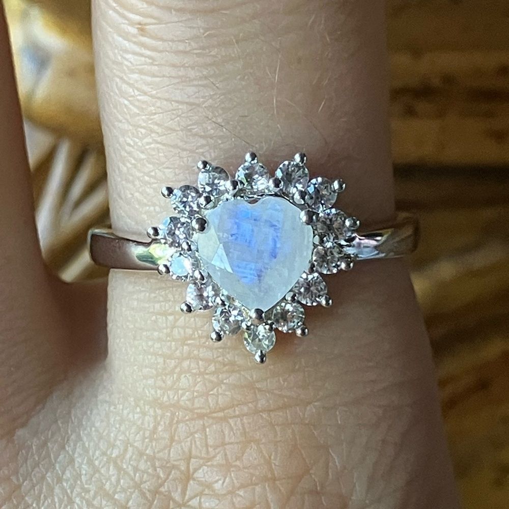 Rainbow Moonstone Sterling Silver Heart Ring Size 9.75